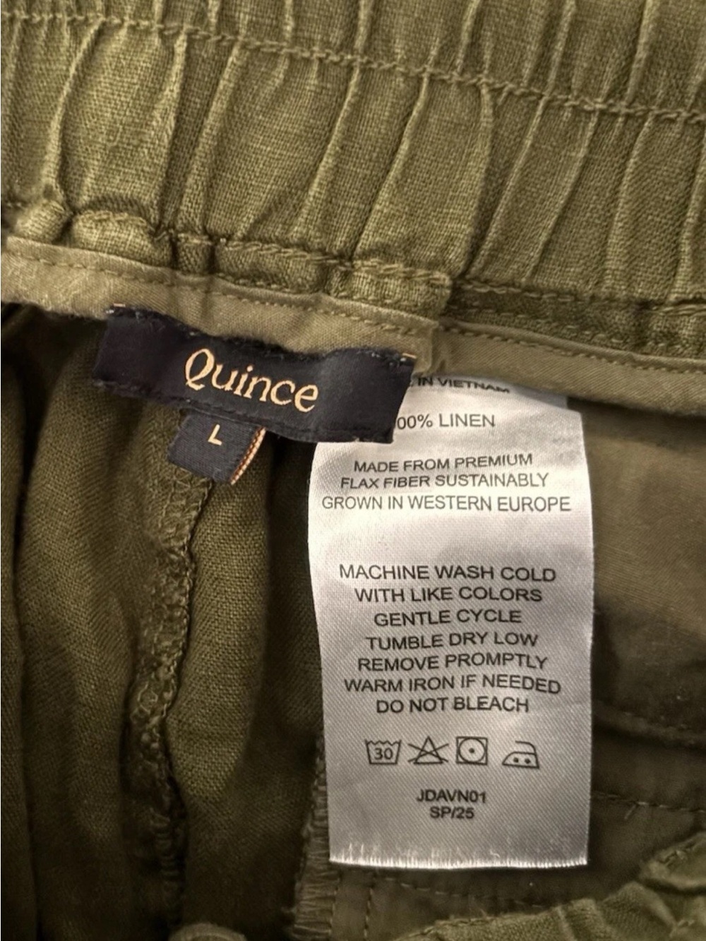Quince 100% European Linen Wide Leg Pants Olive Green Drawstring Elastic Waist L - Picture 3 of 5
